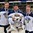 GRAND FORKS, NORTH DAKOTA - APRIL 24: Finland's Ukko-Pekka Luukkonen #1, Niilo Halonen #30 and Jesper Kokkila #3 celebrates with the trophy after a 6-1 victory over Sweden during gold medal game action at the 2016 IIHF Ice Hockey U18 World Championship. (Photo by Matt Zambonin/HHOF-IIHF Images)